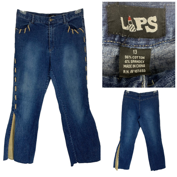 Vintage Y2K LIPS Lace Side Split Leg Flared Inset Jeans Hippie Boho Sz 13 - Picture 1 of 7